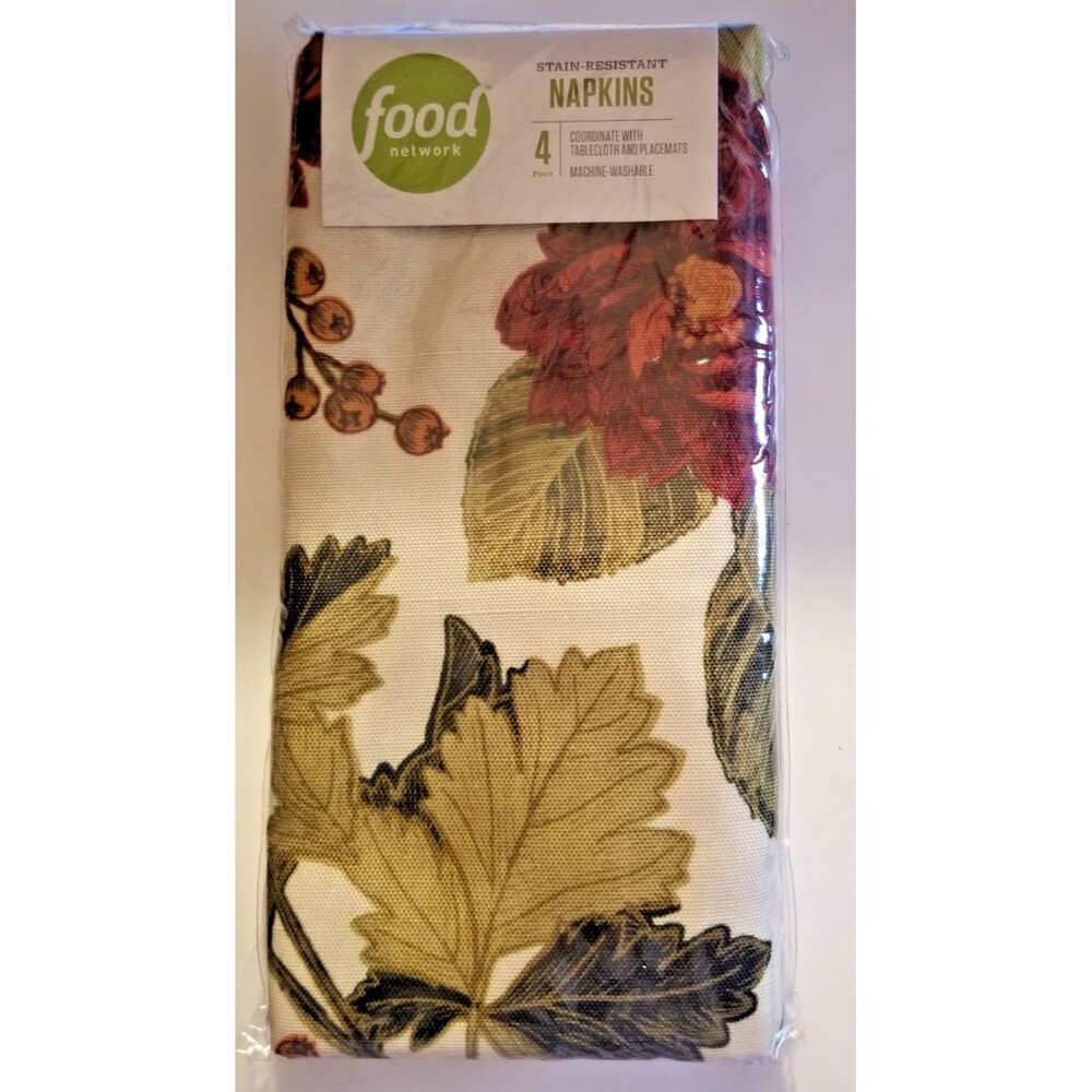 Food Network Fabric Napkins Stain-Resistant Harvest Floral Design 4 Count NEW